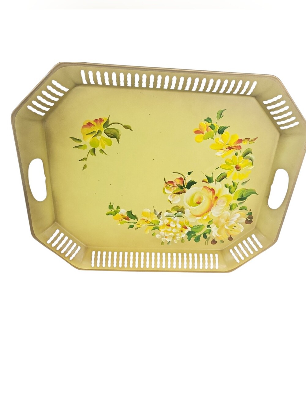 Vintage Nashco Yellow Floral  Handpainted Metal Toleware Tray